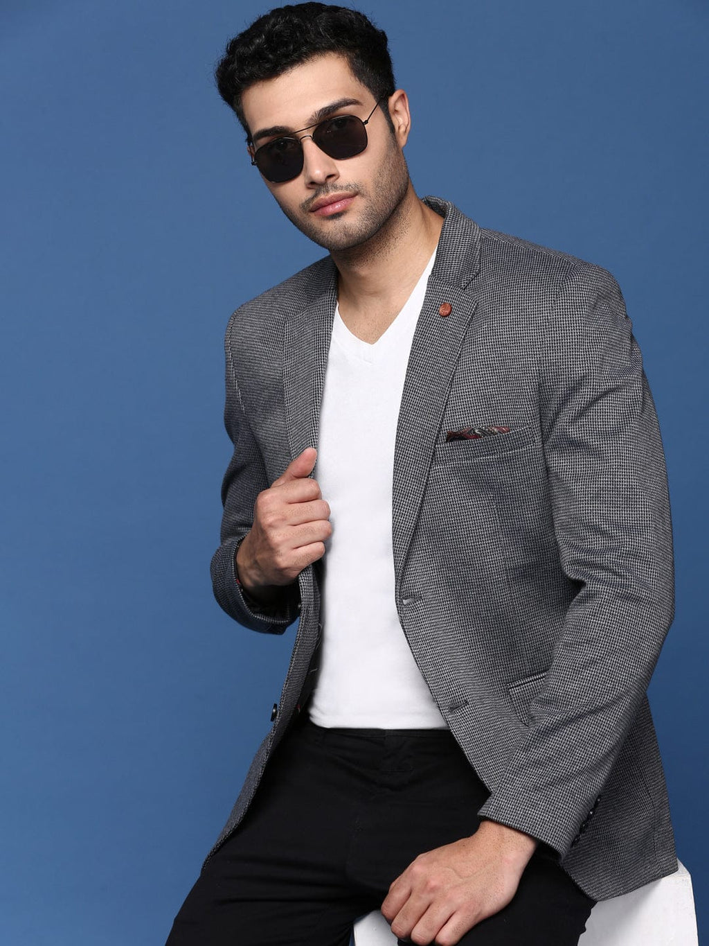 Men's Grey Checked Notched Lapel Slim Fit Single Breasted Blazer