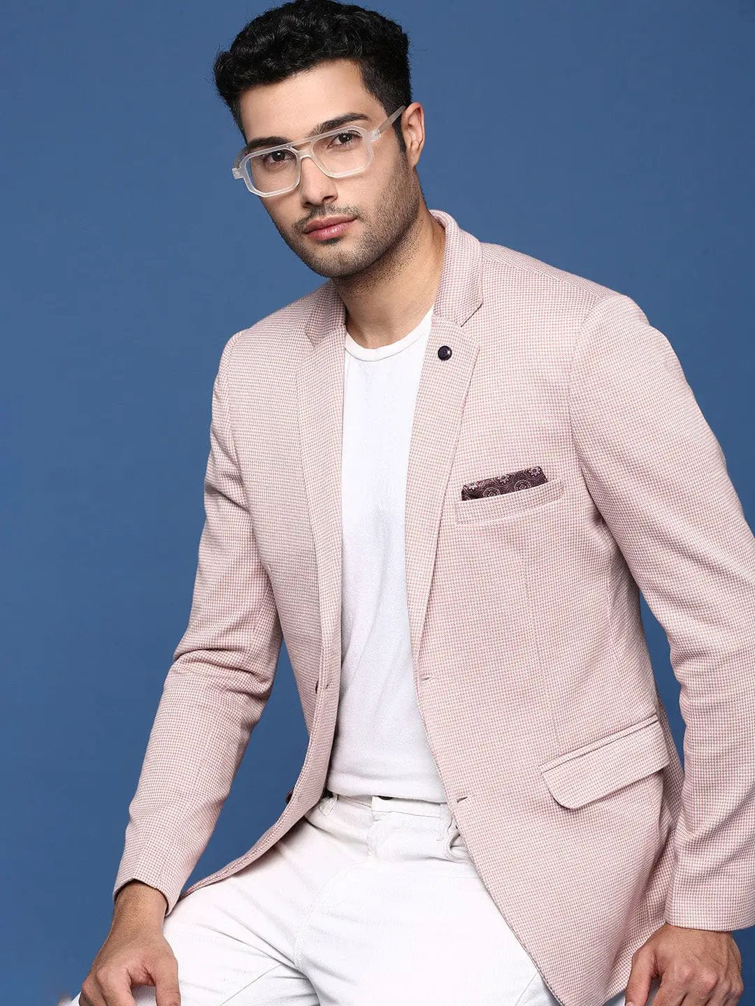Men's Peach Checked Notched Lapel Collar Cotton Slim-Fit Single-Breasted Blazer