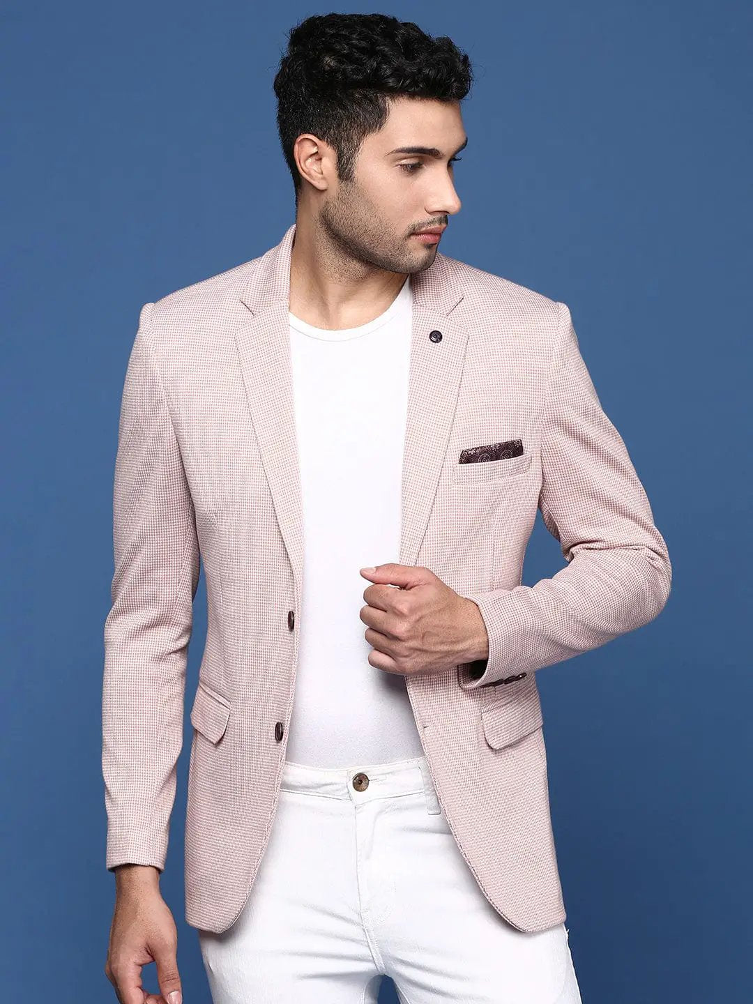 Men's Peach Checked Notched Lapel Collar Cotton Slim-Fit Single-Breasted Blazer