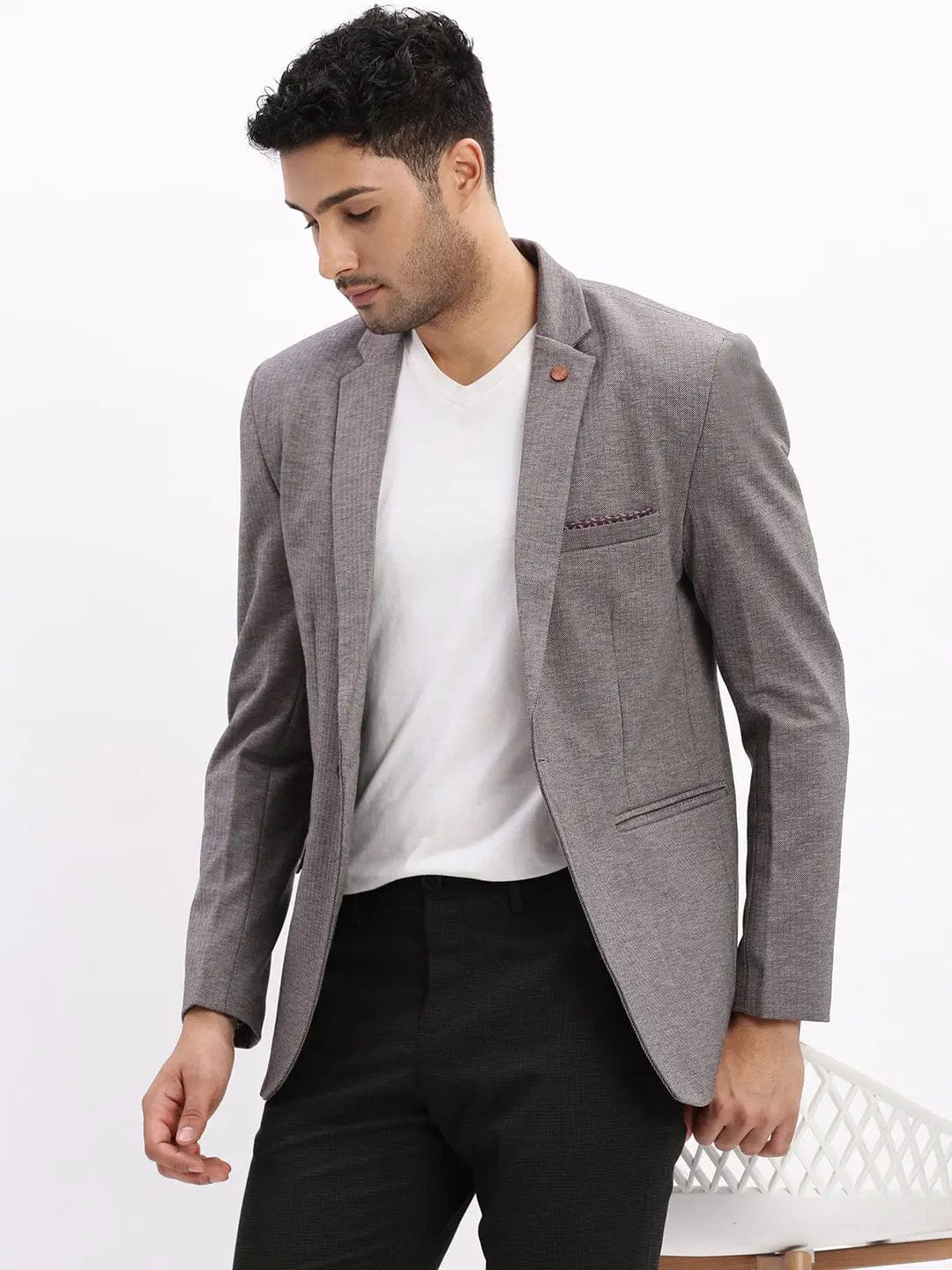 Men's Grey Striped Cotton Single-Breasted Casual Blazer