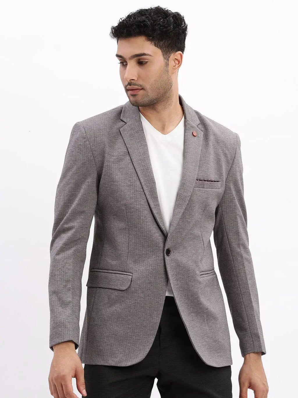Men's Grey Striped Cotton Single-Breasted Casual Blazer