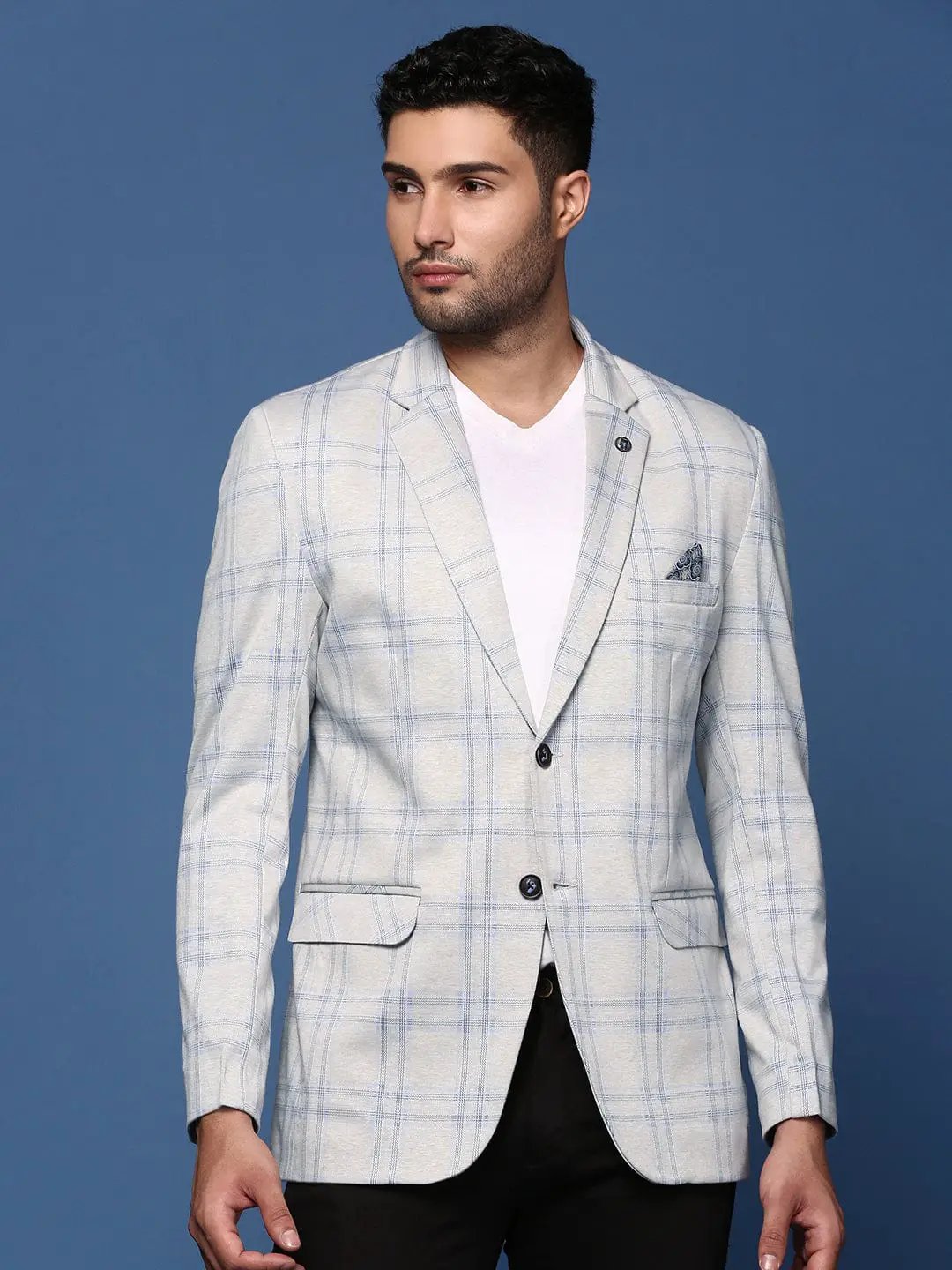 Men's Grey Slim Fit Self Designed Single Breasted Blazer