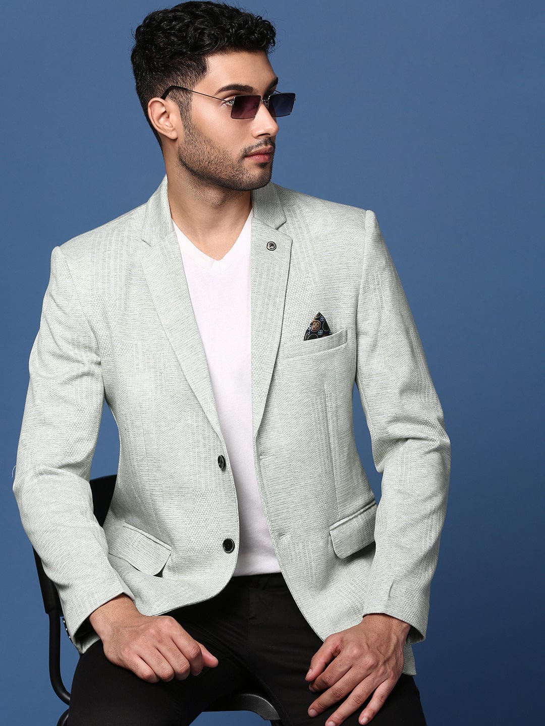 Men's Green Slim Fit Self Design Single Breasted Blazer