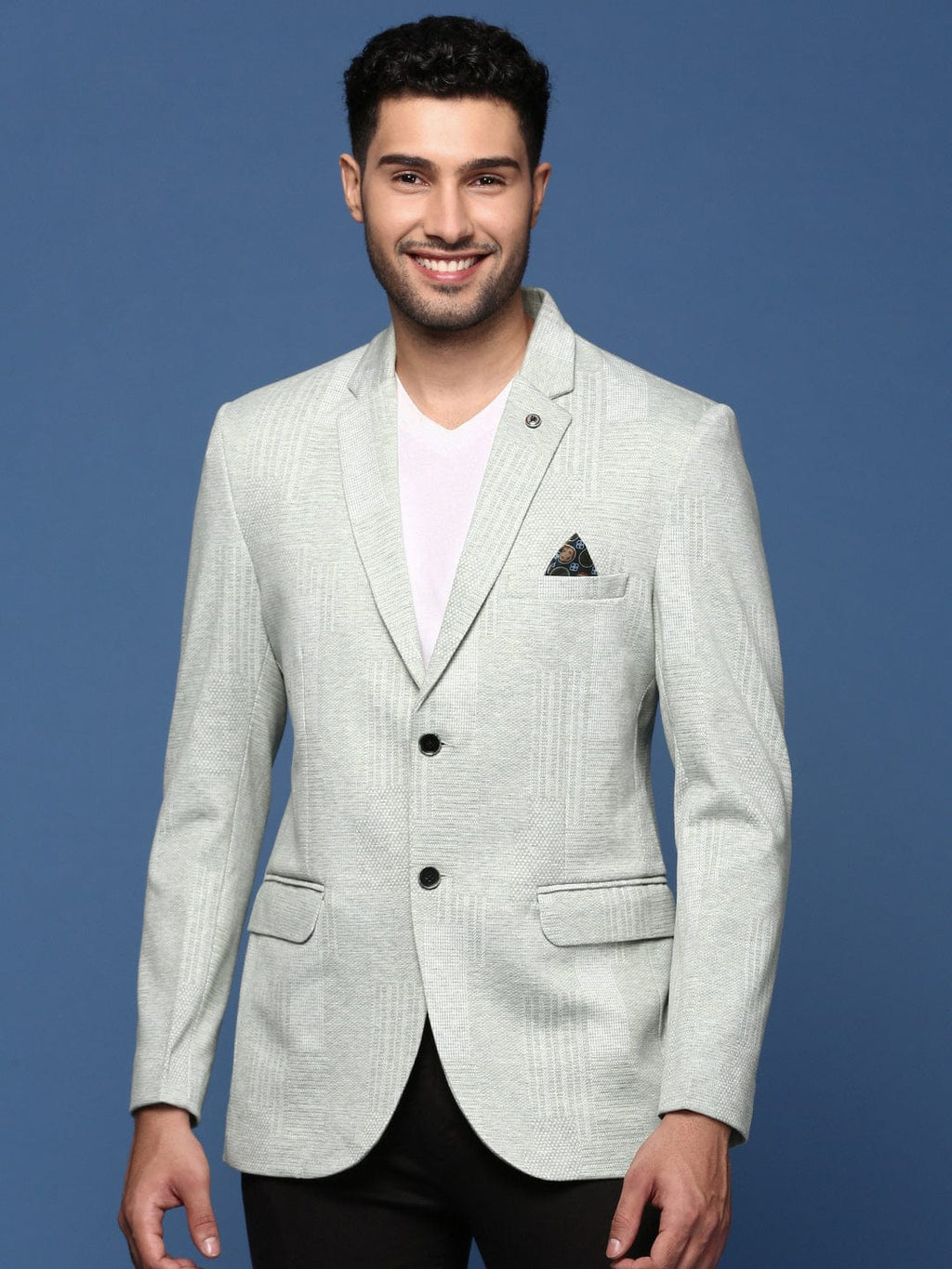 Men's Green Slim Fit Self Design Single Breasted Blazer