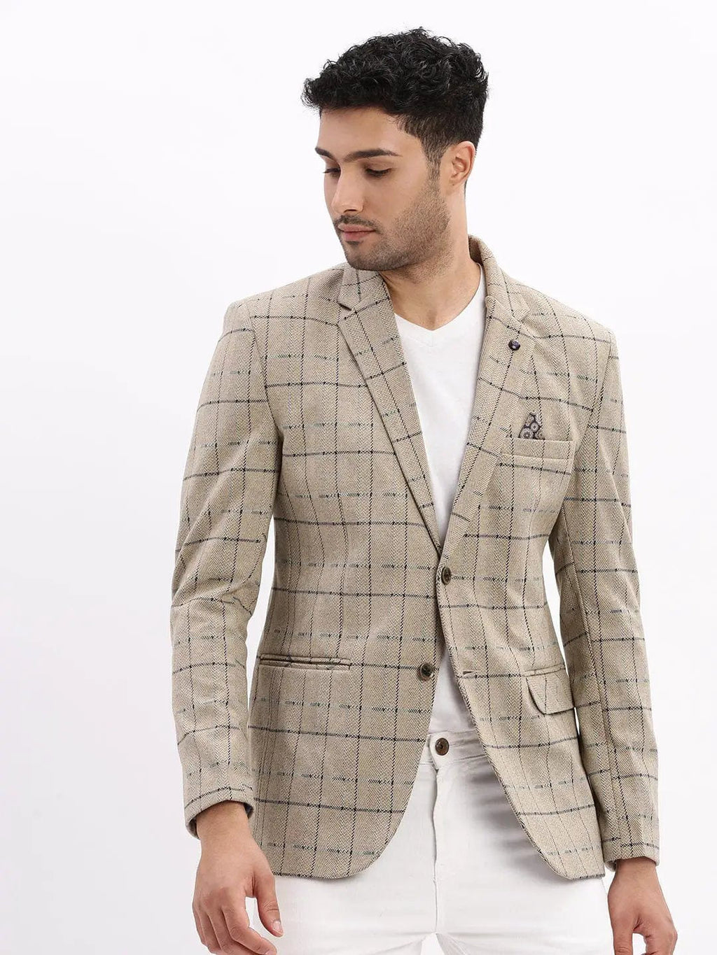 Men's Checked Beige Single Breasted Blazer