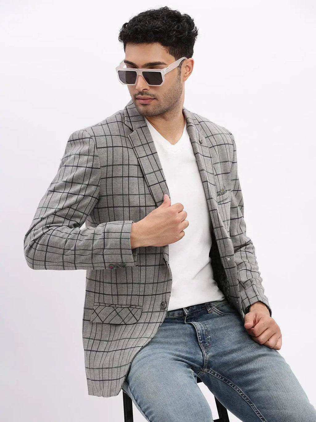 Men's Checked Grey Notched Lapel Collar Single Breasted Blazer