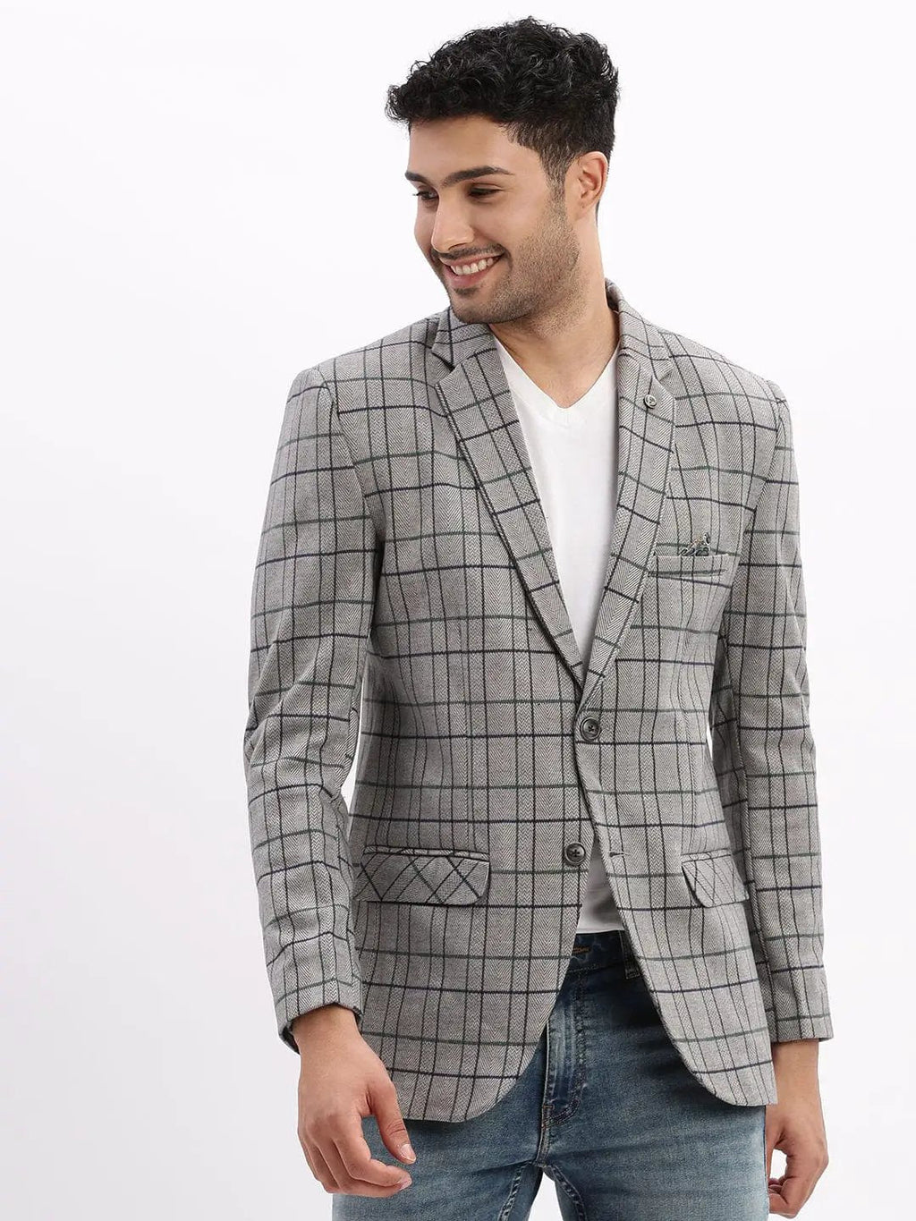 Men's Checked Grey Notched Lapel Collar Single Breasted Blazer