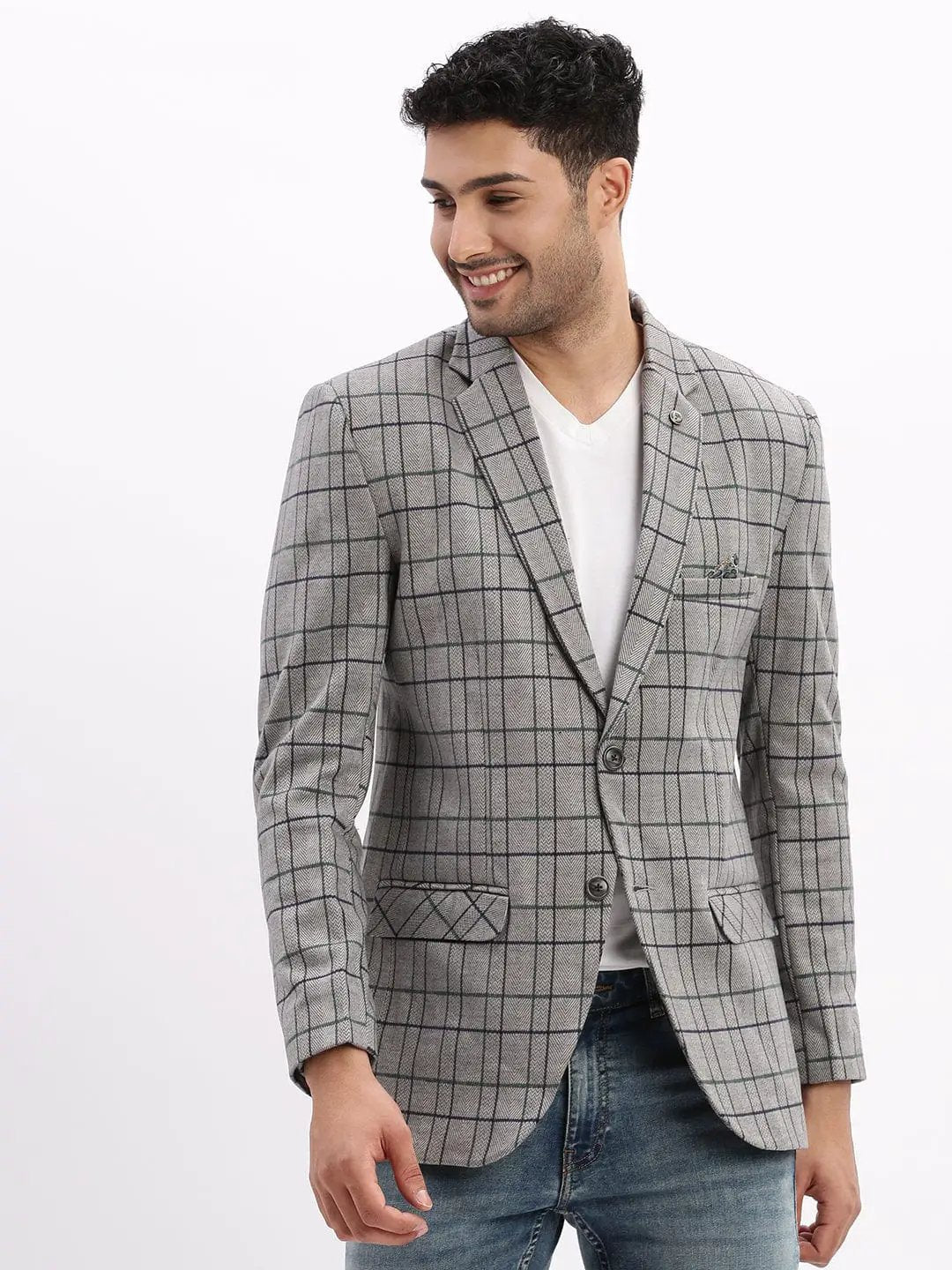 Men's Checked Grey Notched Lapel Collar Single Breasted Blazer