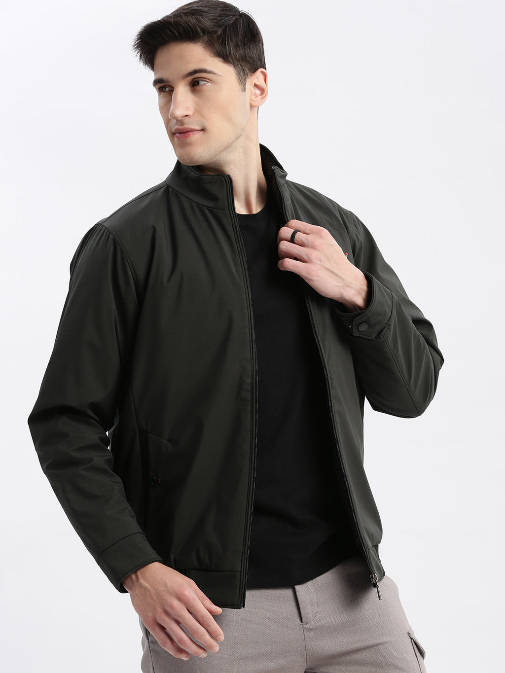 Men's Olive Mock Collar Long Sleeves Zip Detail Rapid-Dry Windcheater Bomber Jacket