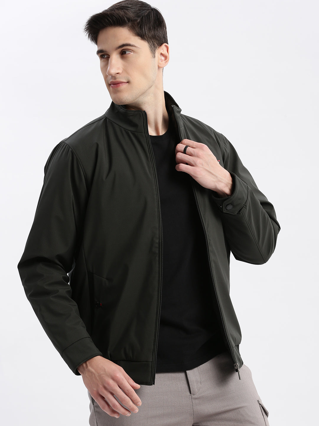 Men's Olive Mock Collar Long Sleeves Zip Detail Rapid-Dry Windcheater Bomber Jacket