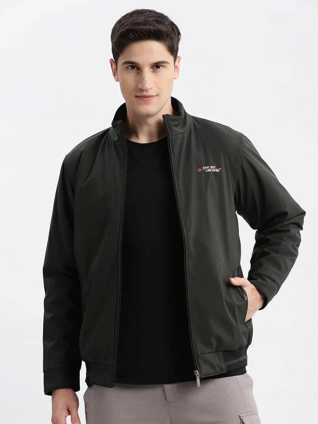 Men's Olive Mock Collar Long Sleeves Zip Detail Rapid-Dry Windcheater Bomber Jacket