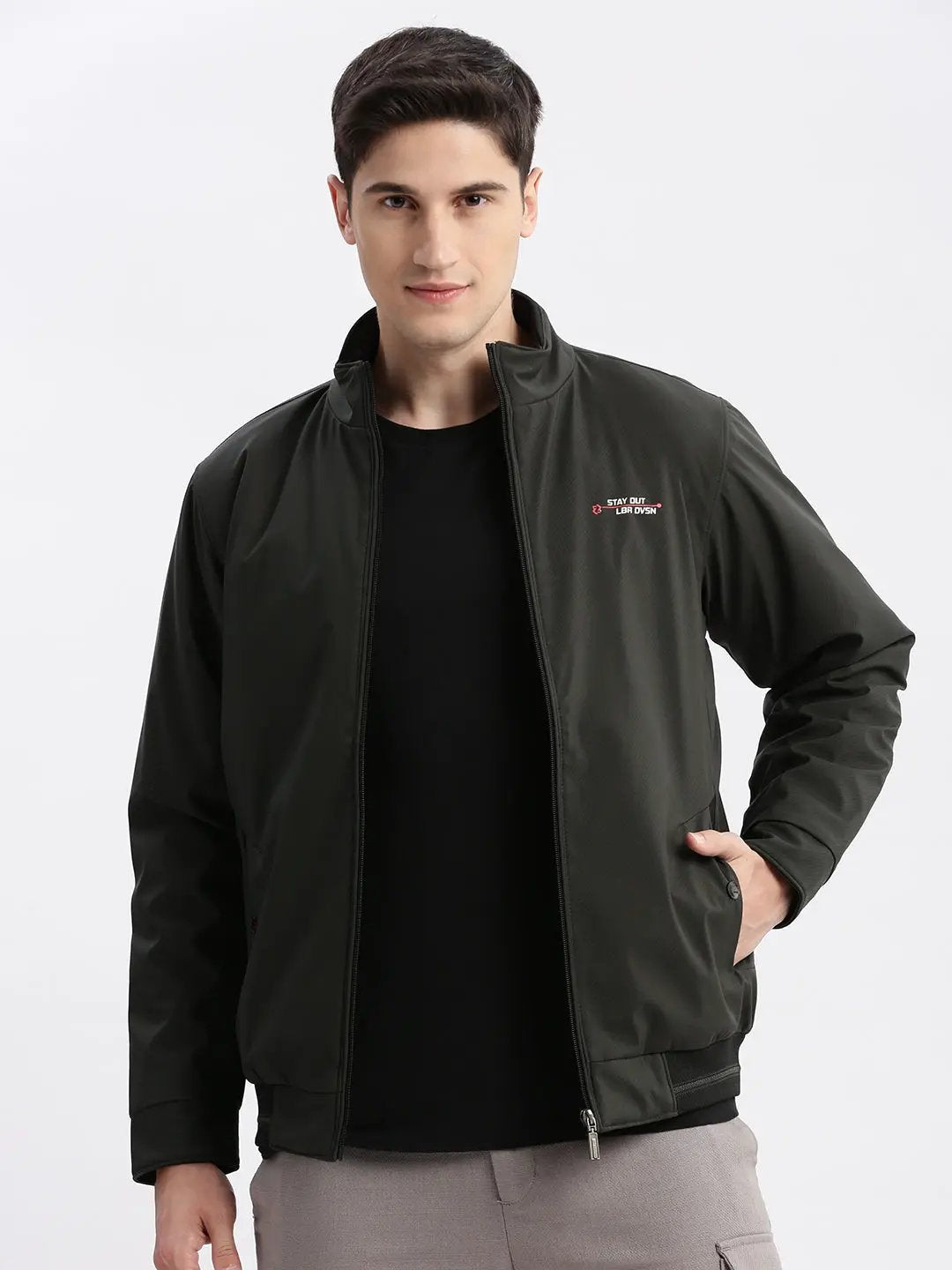 Men's Olive Mock Collar Long Sleeves Zip Detail Rapid-Dry Windcheater Bomber Jacket