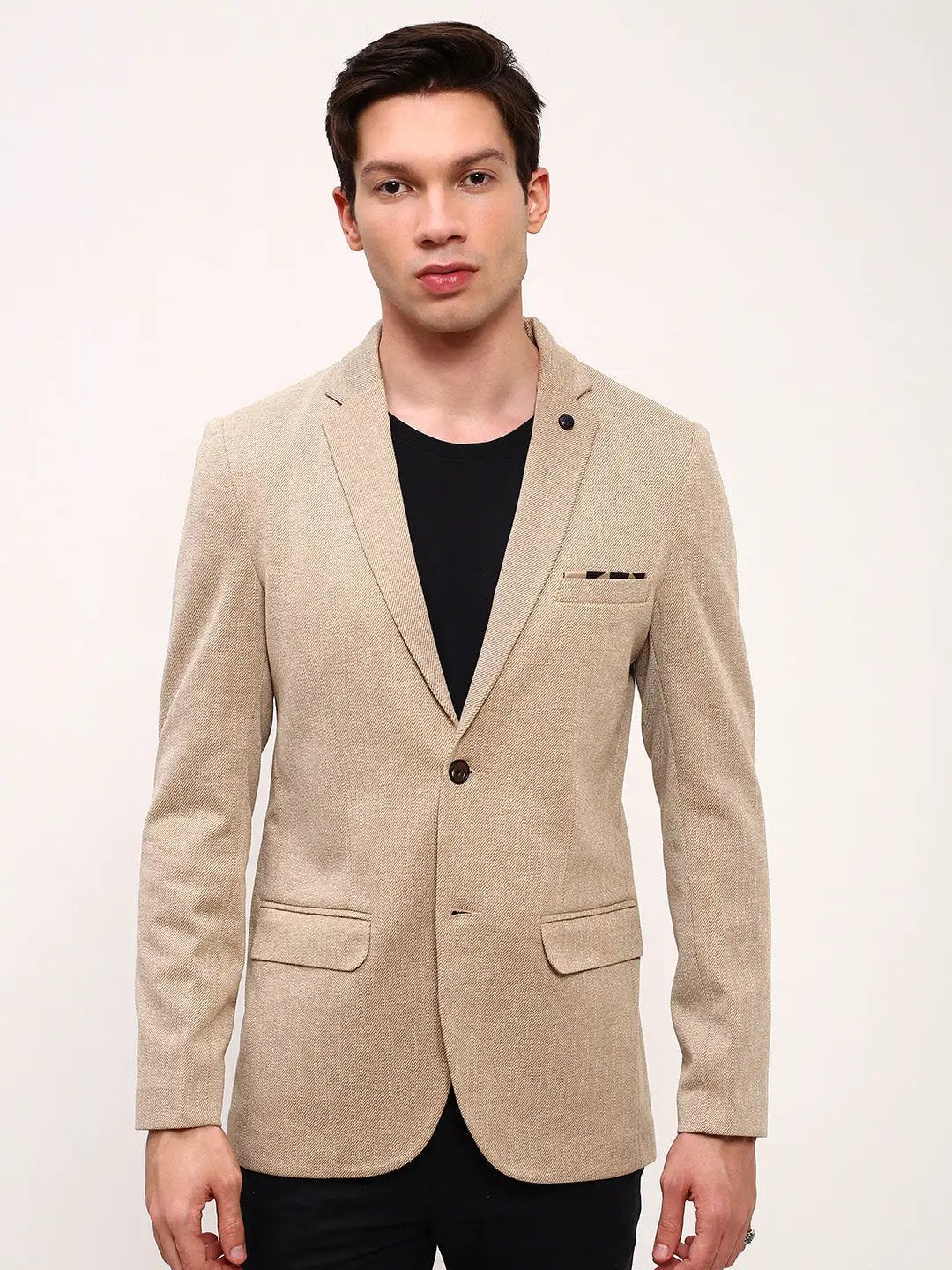 Men's Brown Self Design Solid Single Breasted Blazer