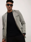Men's Grey Self Design Single-Breasted Slim Fit Cotton Blazer