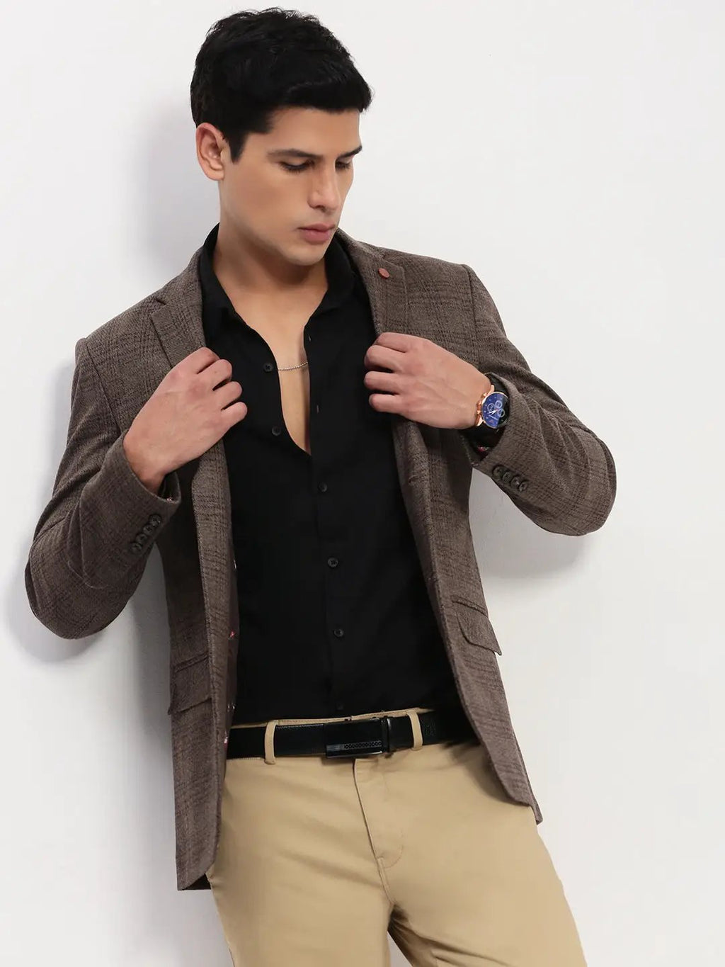 Men's Brown Checked Single Breasted Blazer