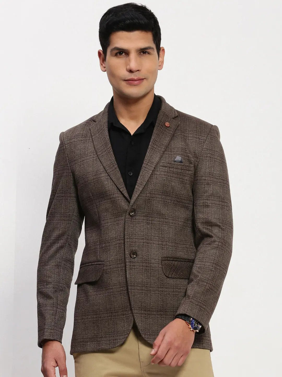 Men's Brown Checked Single Breasted Blazer