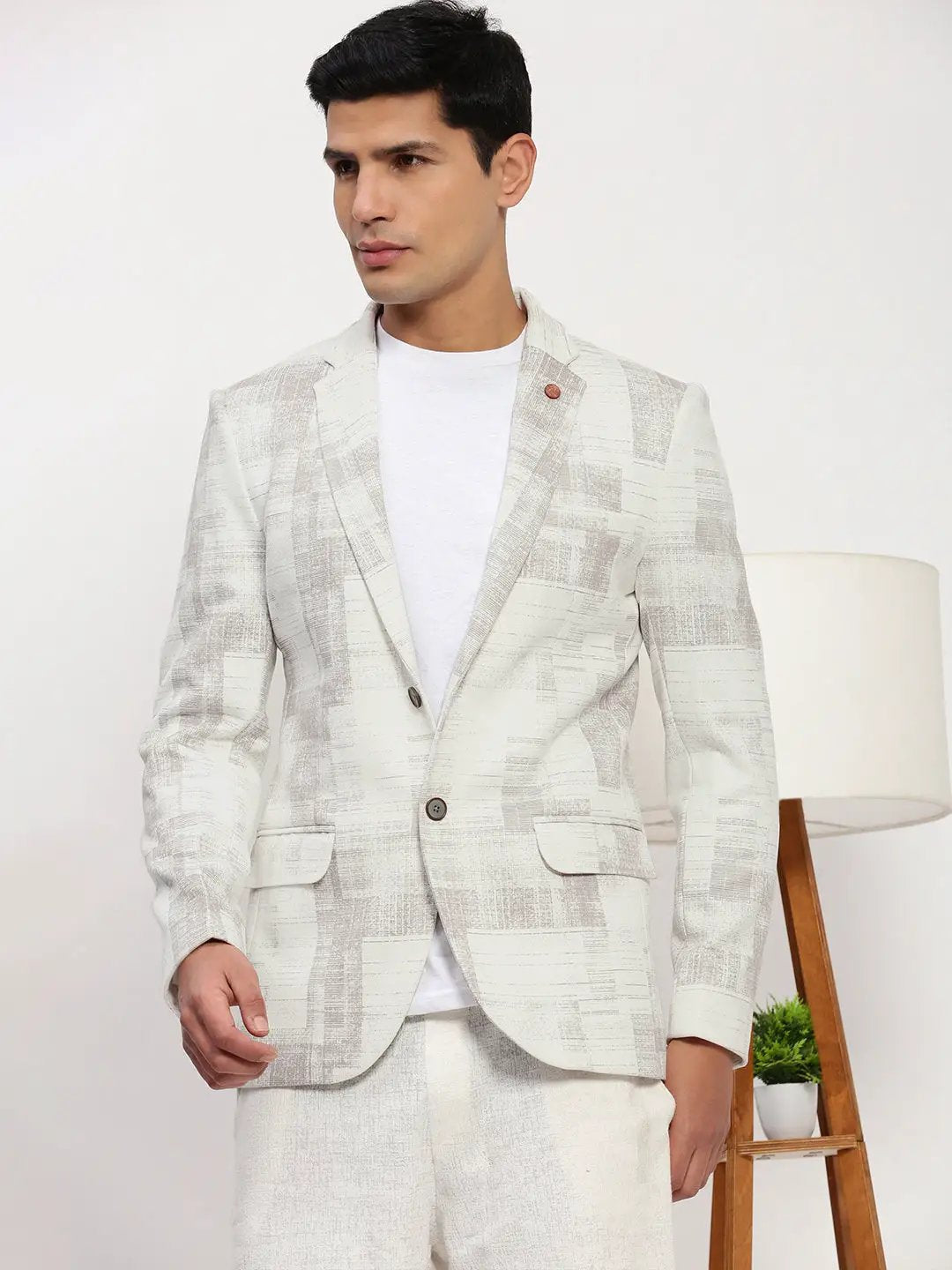 Men's Off White Printed Single Breasted Blazer