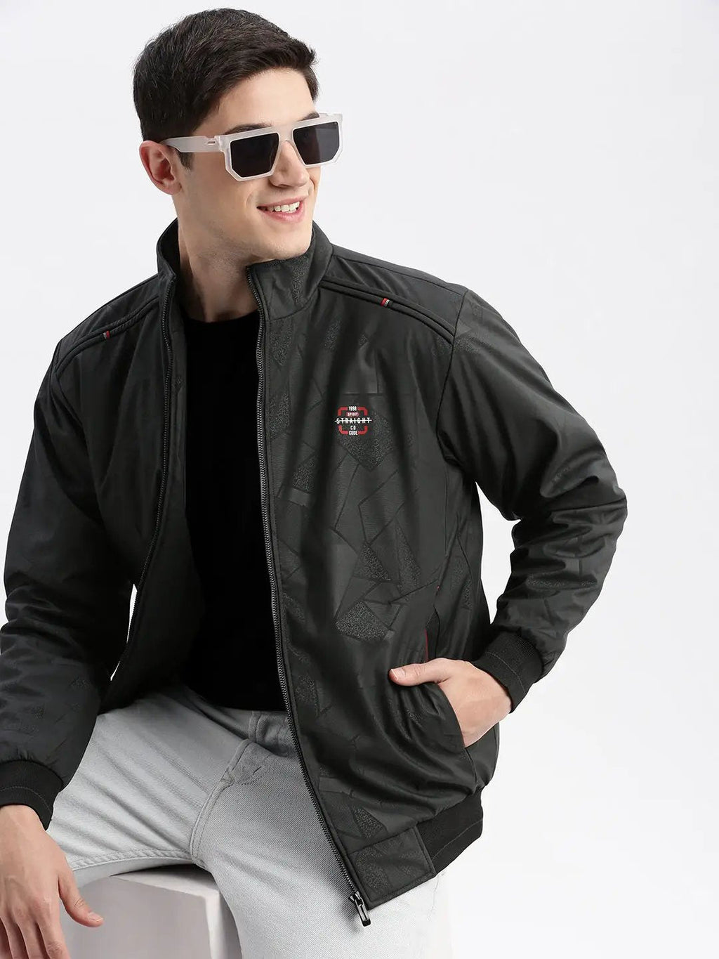 Men's Geometric Mock Collar Grey Bomber Jacket