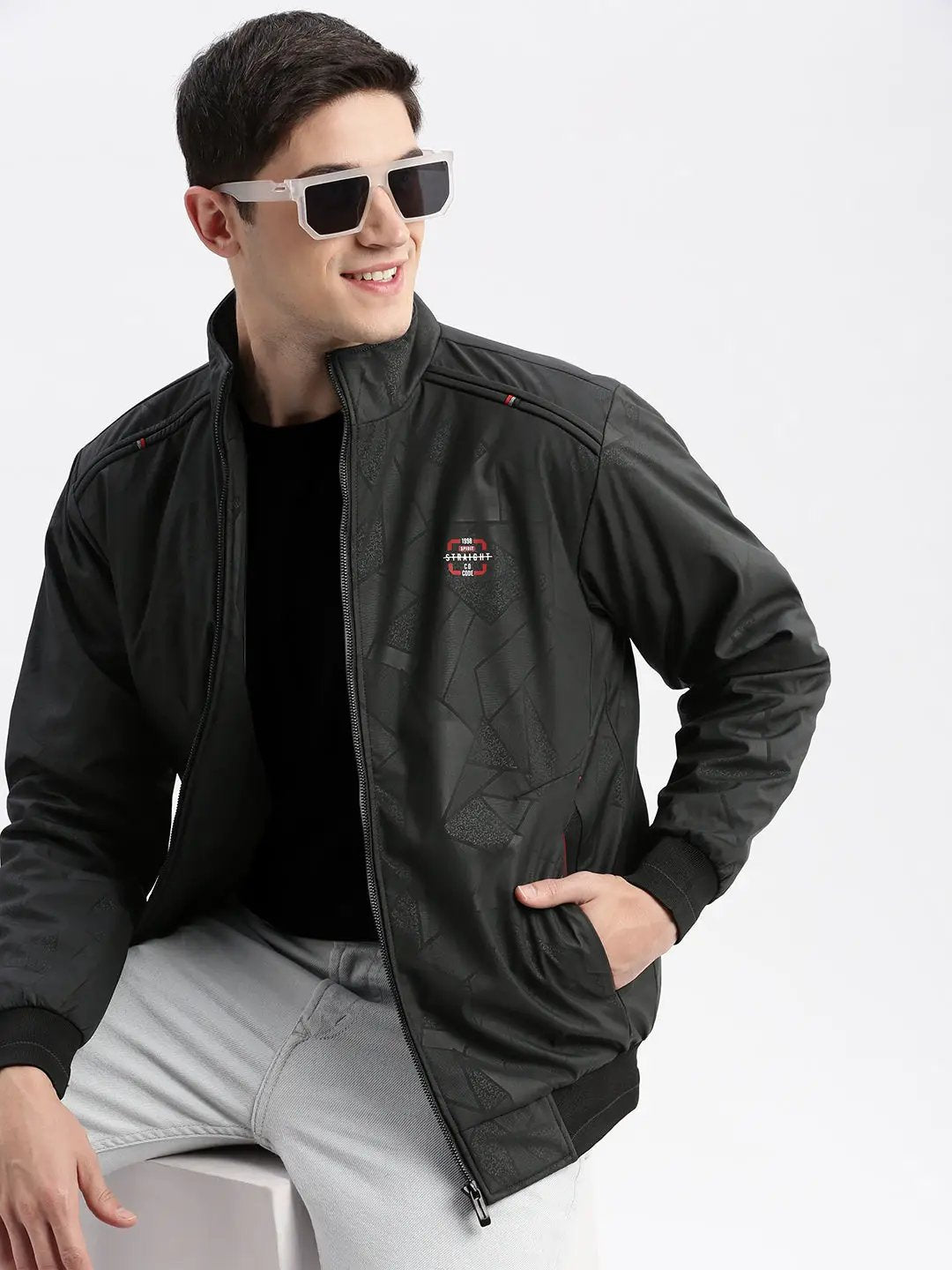 Men's Geometric Mock Collar Grey Bomber Jacket