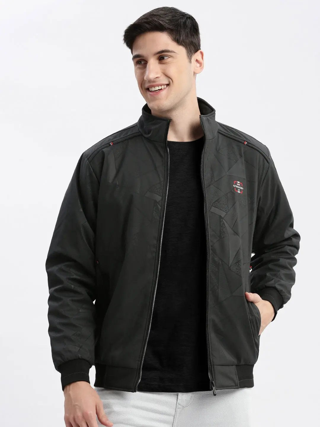 Men's Geometric Mock Collar Grey Bomber Jacket