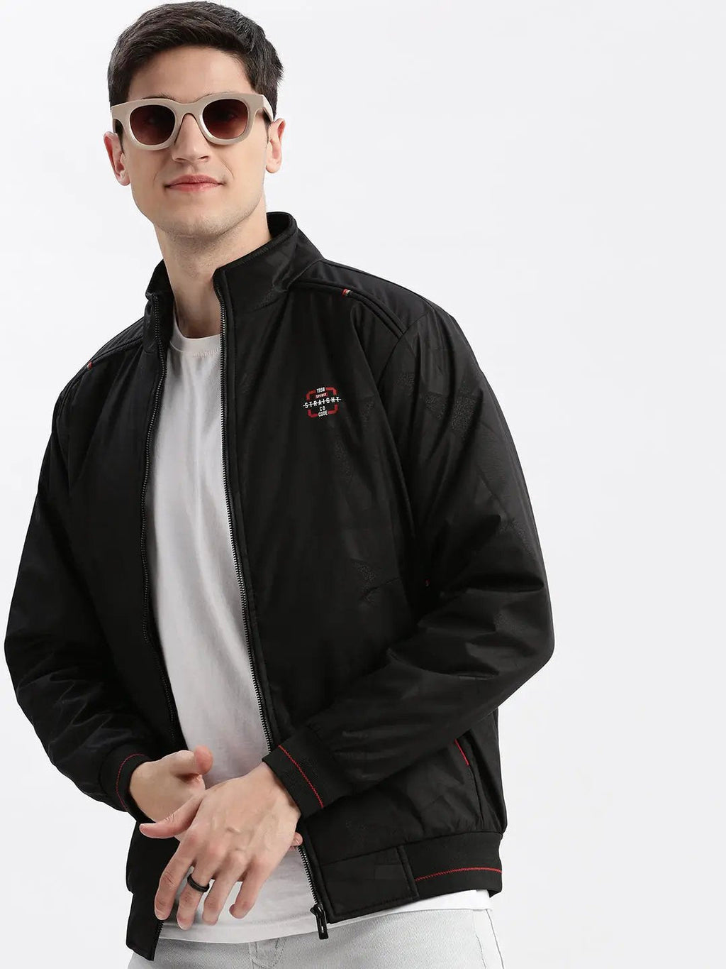Men's Geometric Mock Collar Black Bomber Jacket