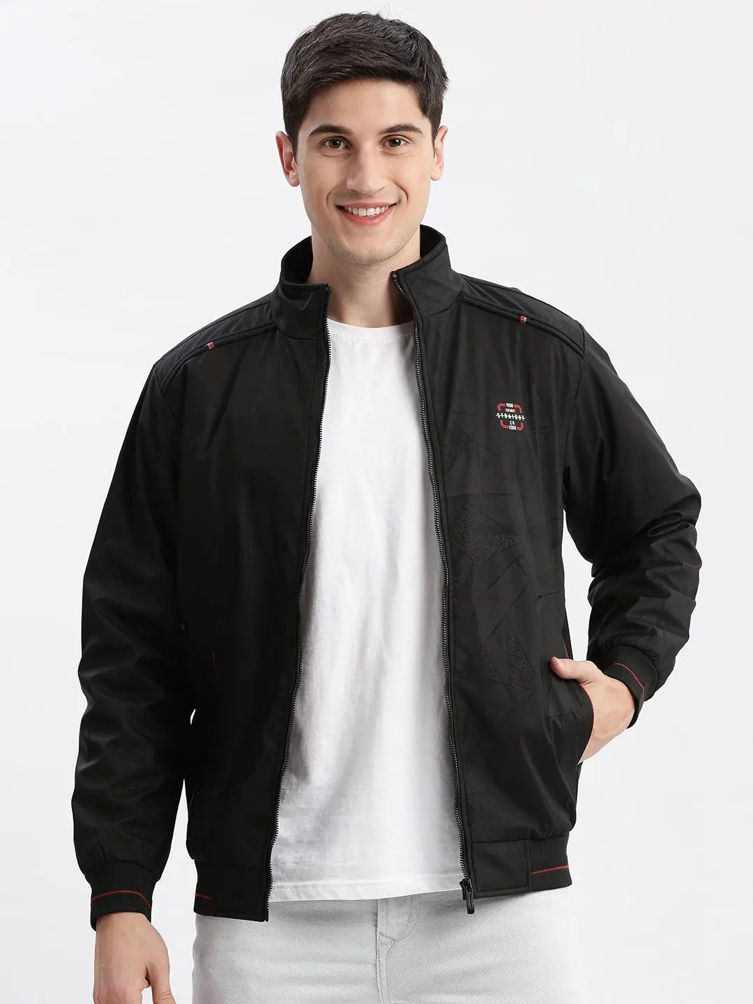 Men's Geometric Mock Collar Black Bomber Jacket