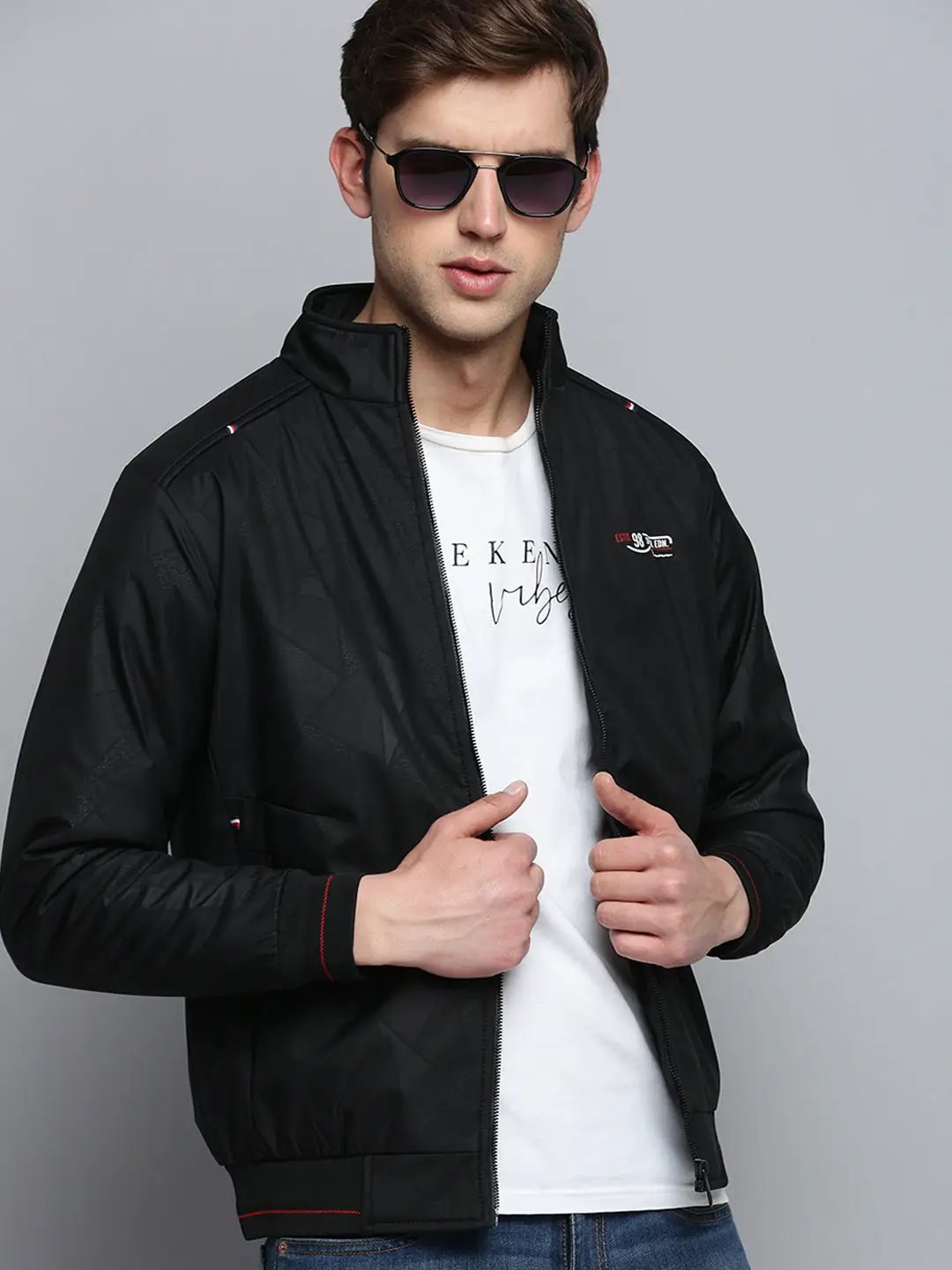 Men's Mock Black Collar Geometric Printed Padded Jacket