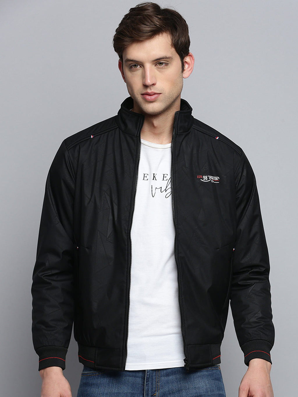 Men's Mock Black Collar Geometric Printed Padded Jacket