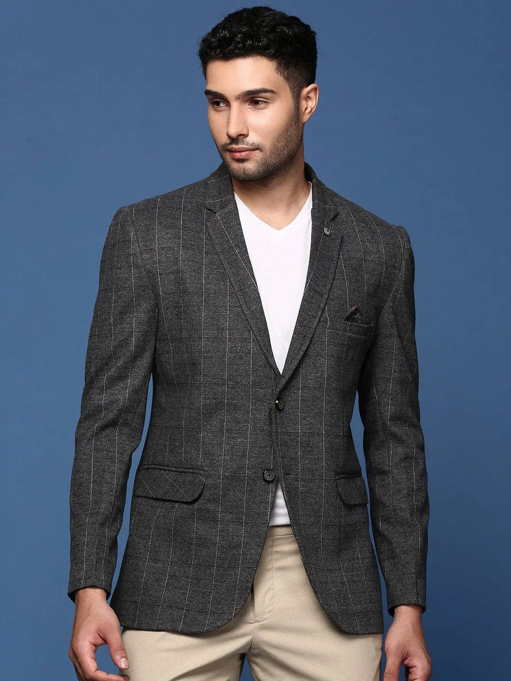 Men's Charcoal Striped Slim Fit Single Breasted Blazer