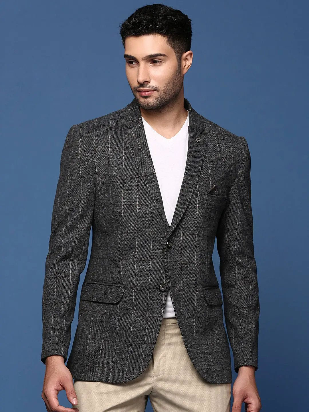 Men's Charcoal Striped Slim Fit Single Breasted Blazer