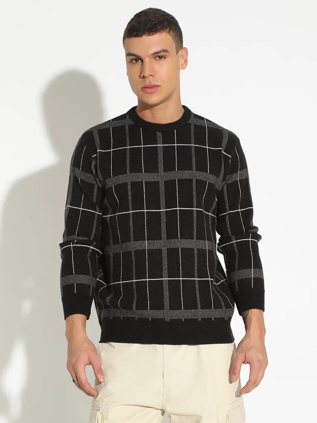 Men's Checked Black Ribbed Round Neck Sweater