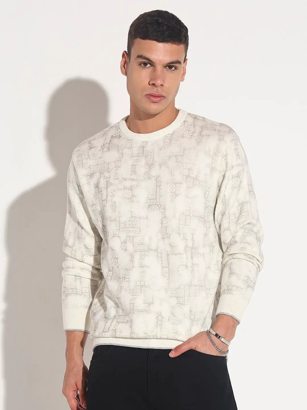 Men's Abstract Cream Ribbed Round Neck Sweater