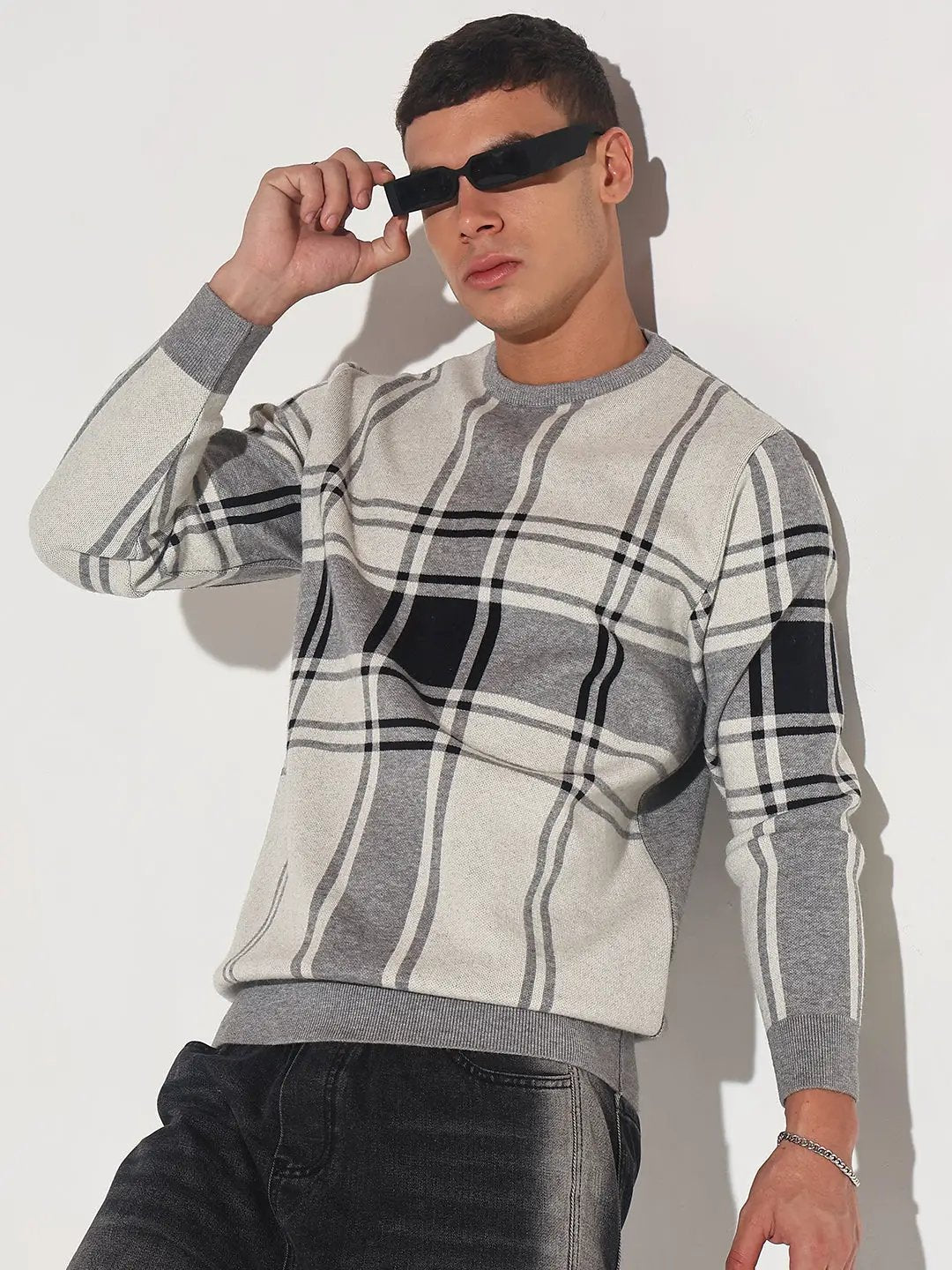 Men's Checked Grey Ribbed Round Neck Sweater