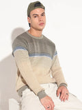 Men's Colourblocked Beige Ribbed Round Neck Sweater