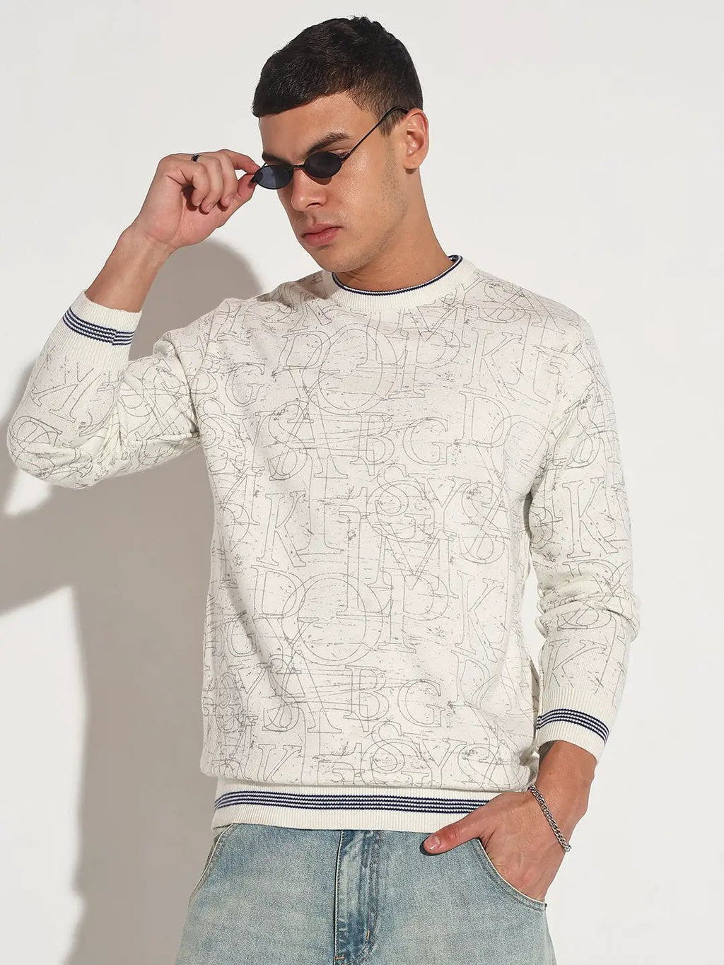 Men's Typography Off White Ribbed Round Neck Sweater
