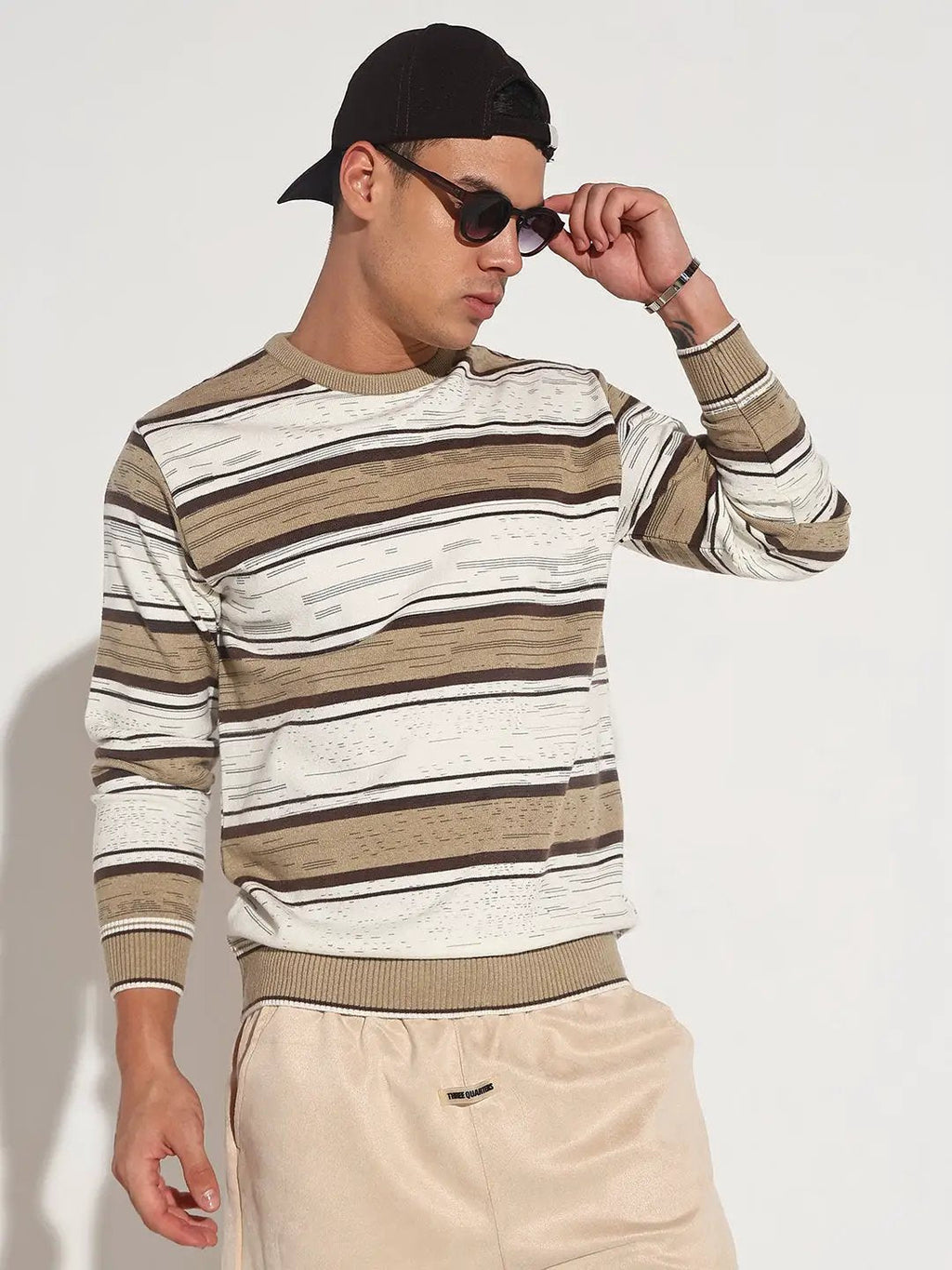Men's Striped Brown Ribbed Round Neck Sweater
