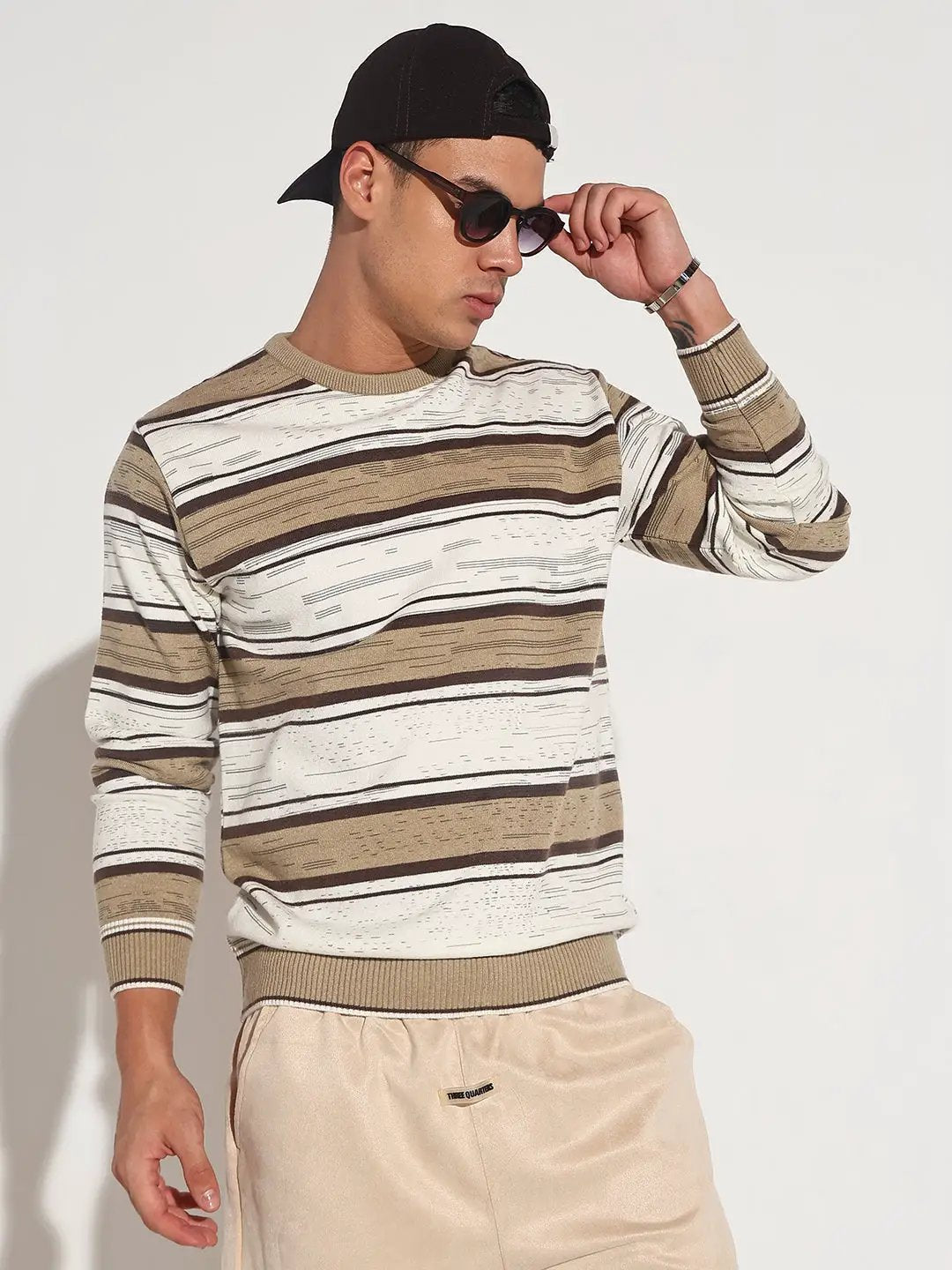 Men's Striped Brown Ribbed Round Neck Sweater