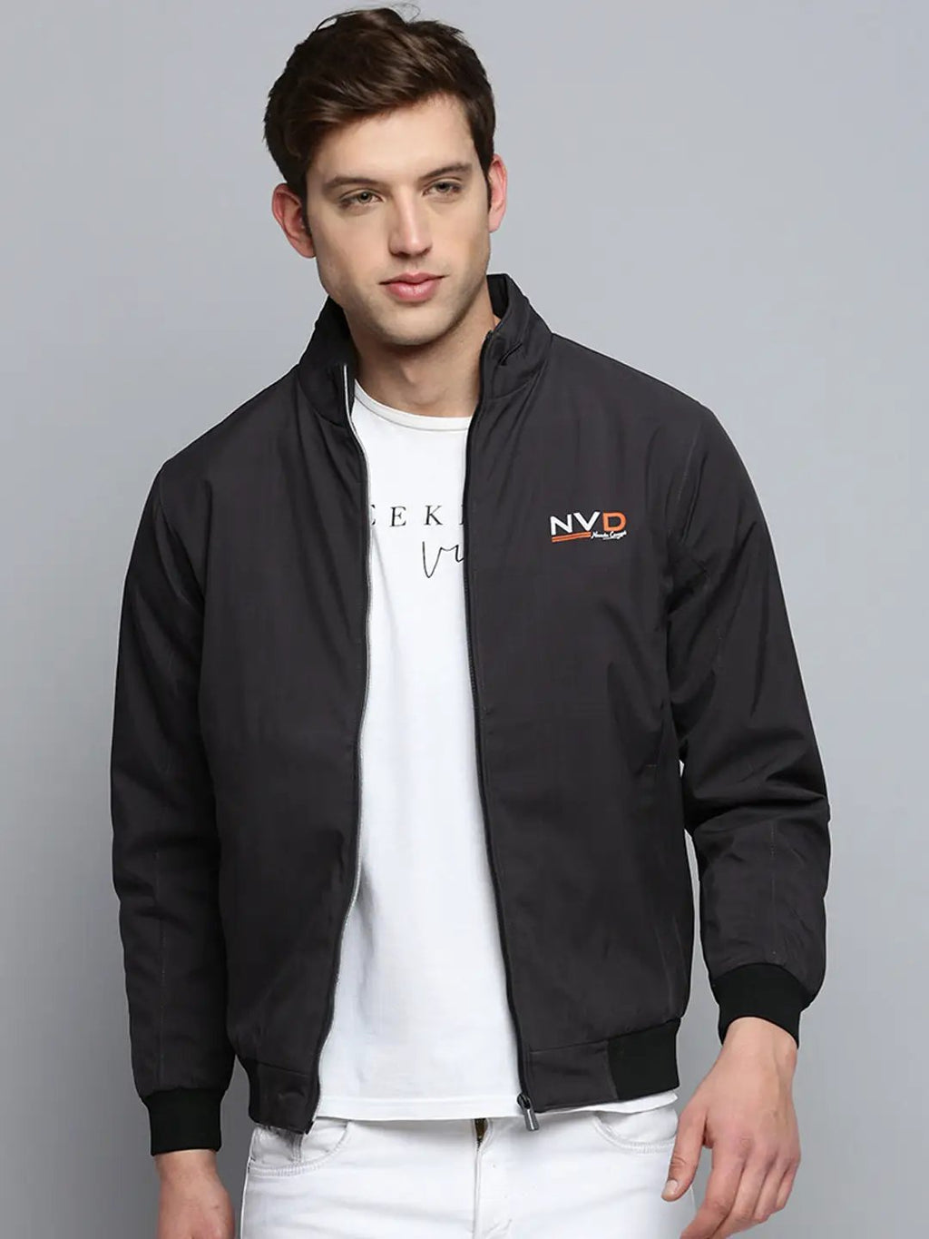 Men's Grey Water Resistant Mock Collar Bomber Jacket