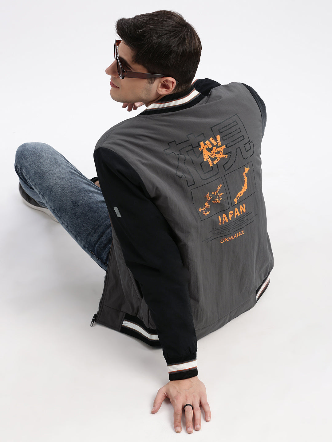 Men's Colourblocked Mandarin Collar Grey Bomber Jacket