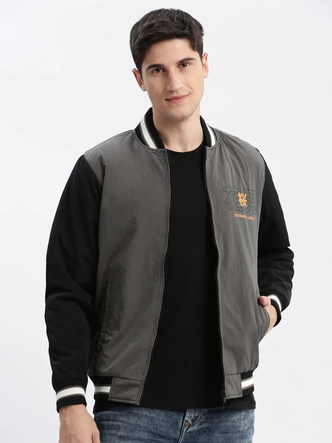 Men's Colourblocked Mandarin Collar Grey Bomber Jacket
