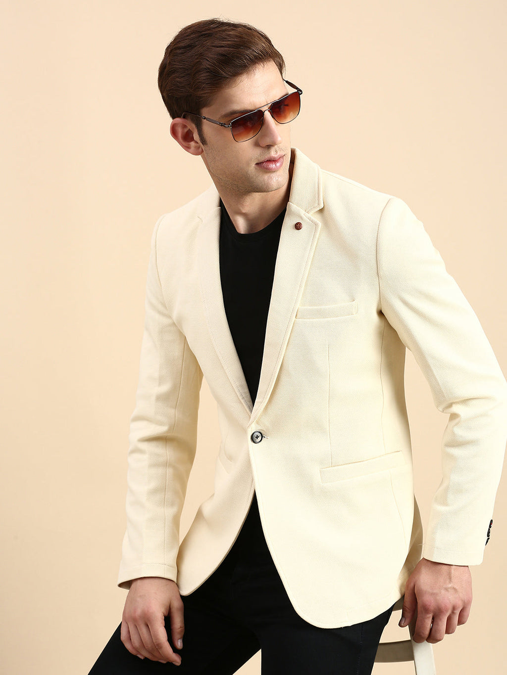 Men's Cream Slim-Fit Single Breasted Cotton Blazer