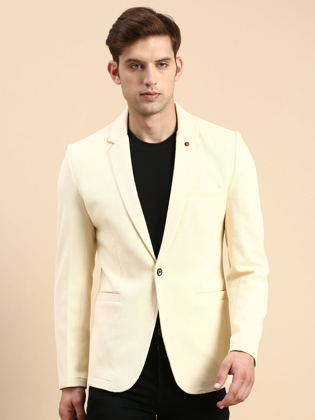 Men's Cream Slim-Fit Single Breasted Cotton Blazer