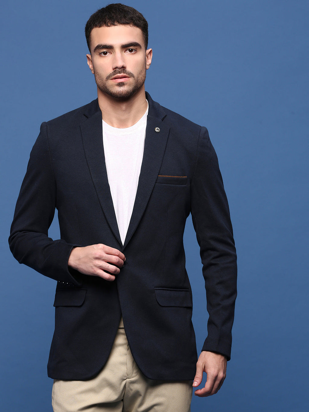 Men's Navy Blue Solid Single Breasted Blazer