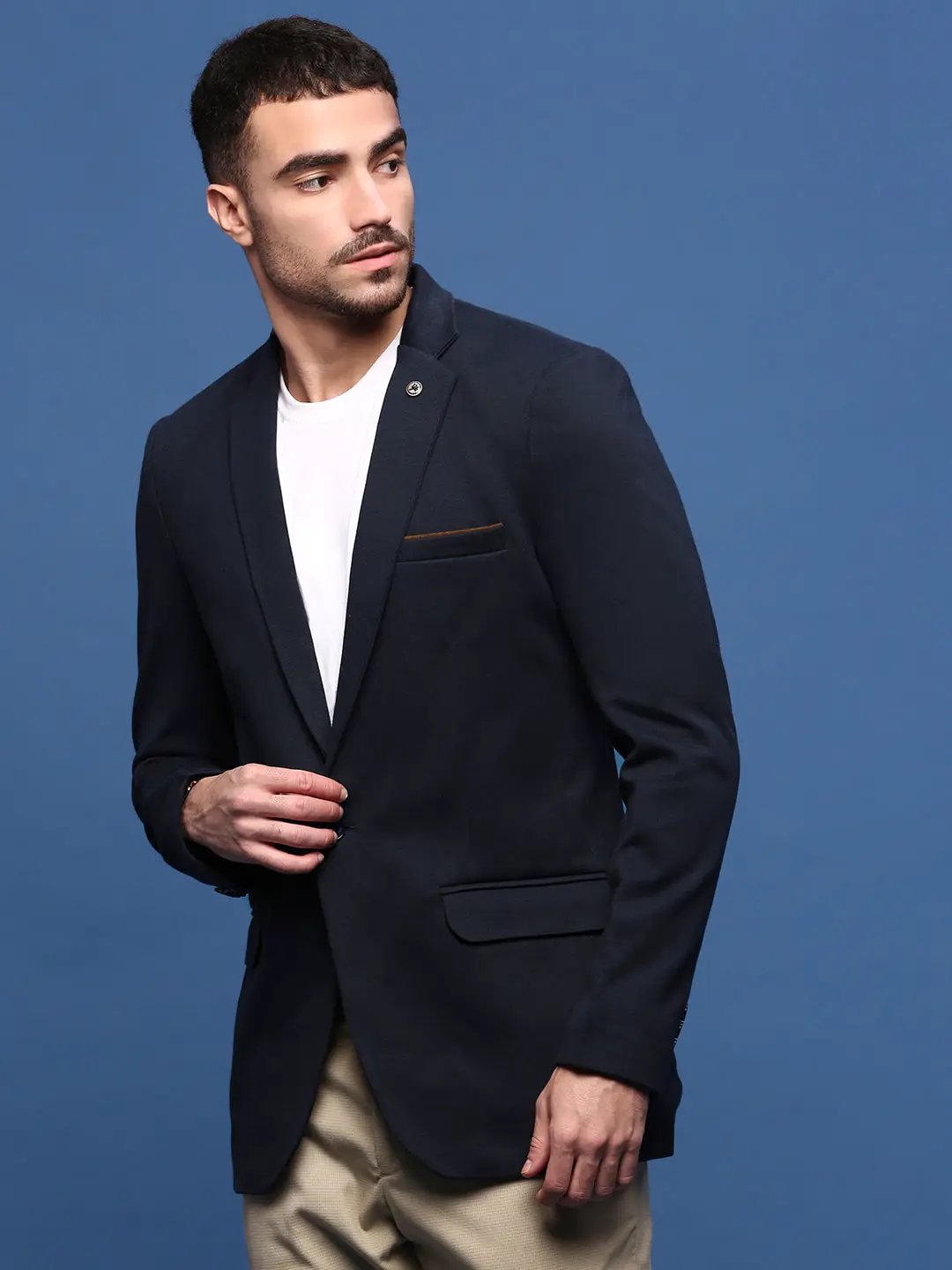 Men's Navy Blue Solid Single Breasted Blazer