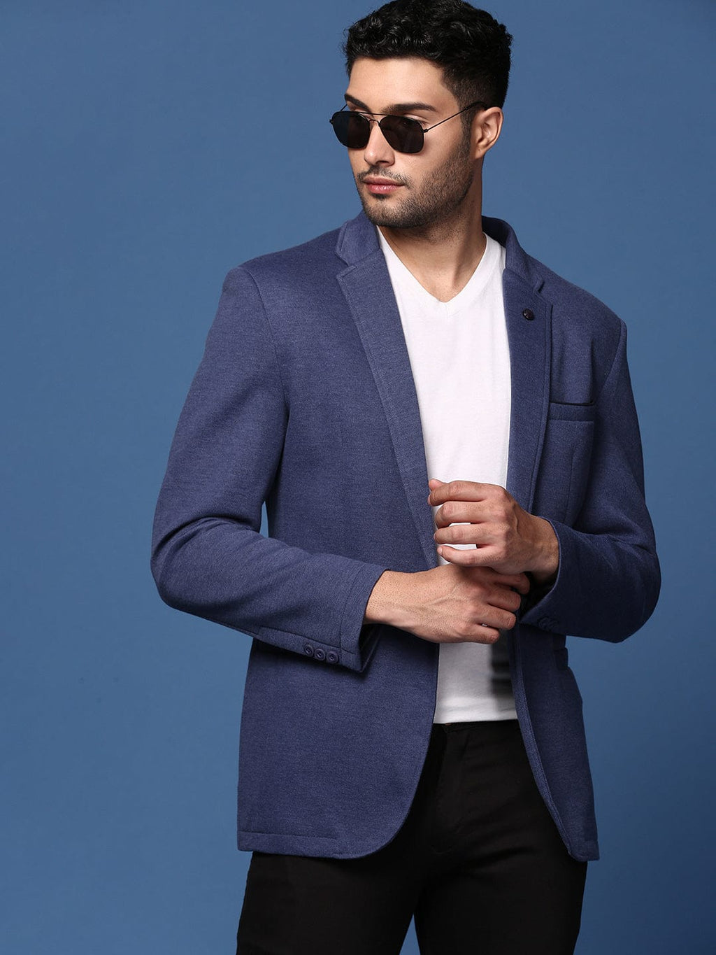 Men's Navy Blue Notched Lapel Collar Slim Fit Single Breasted Blazer