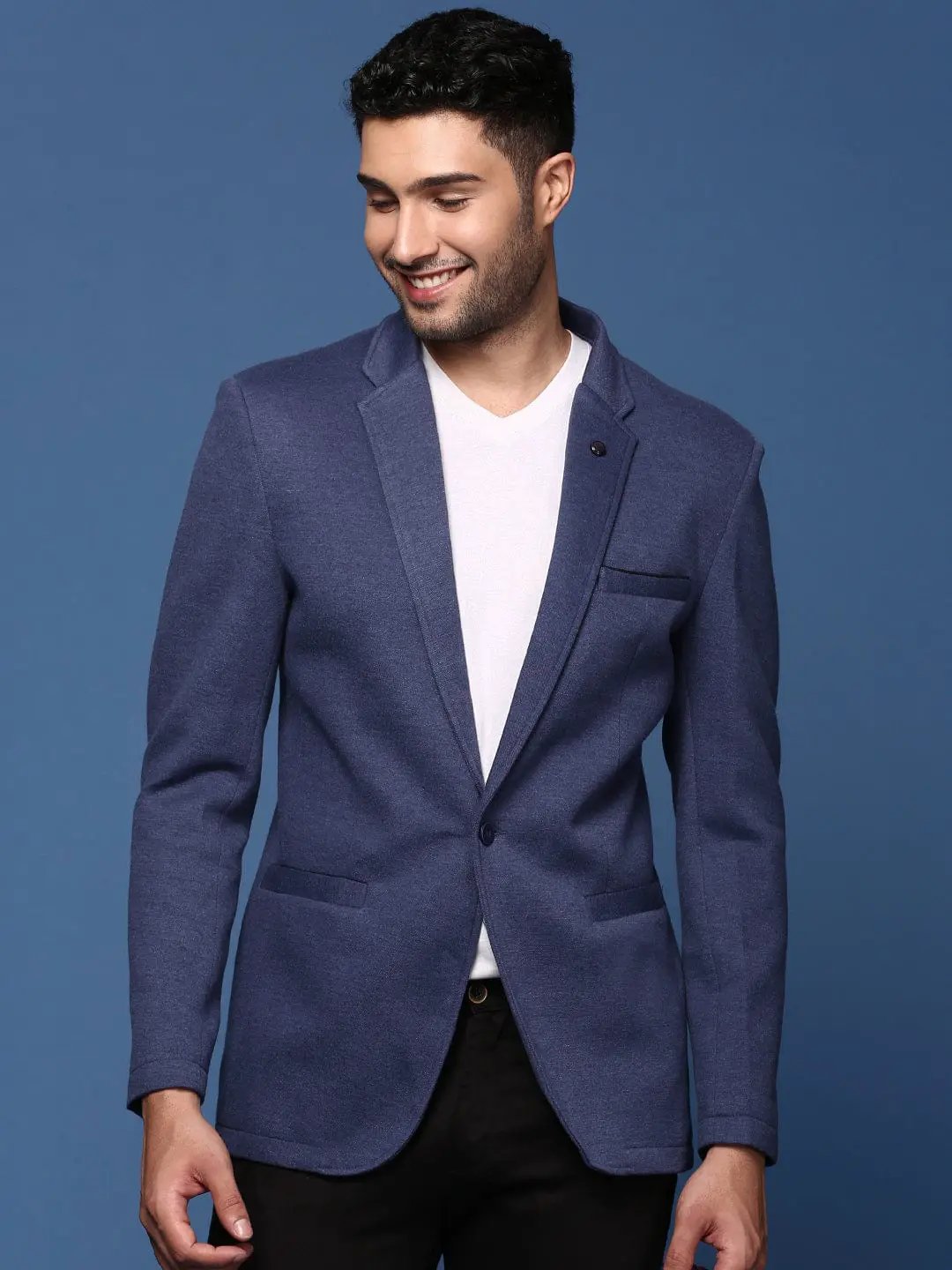 Men's Navy Blue Notched Lapel Collar Slim Fit Single Breasted Blazer