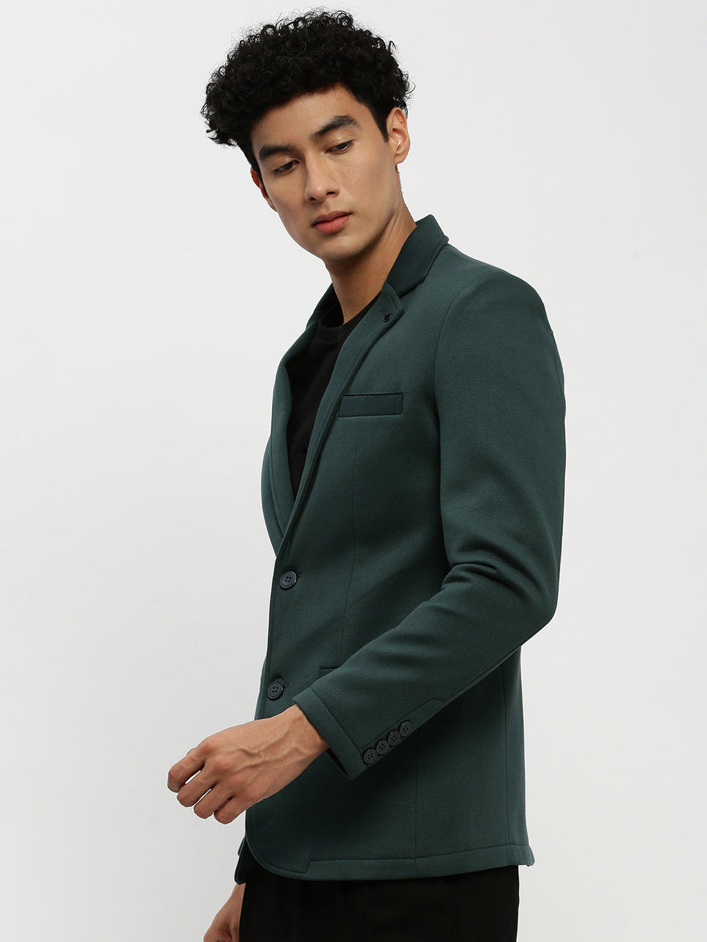 Men's Dark Green Solid Single-Breasted Blazer