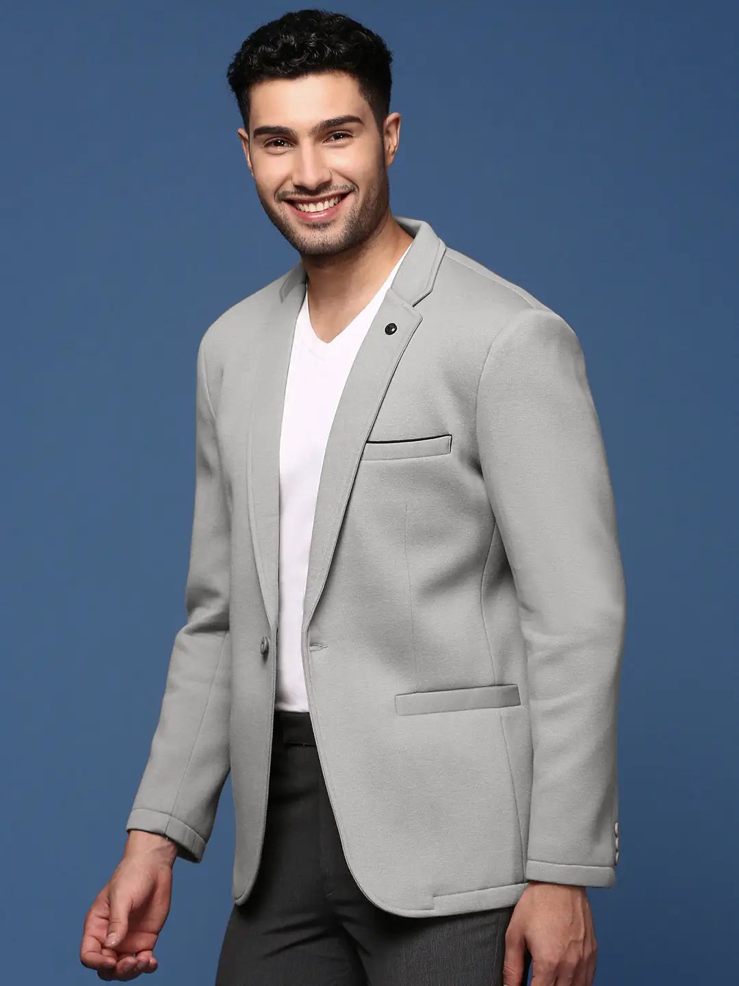 Men's Grey Solid Single Breasted Blazer