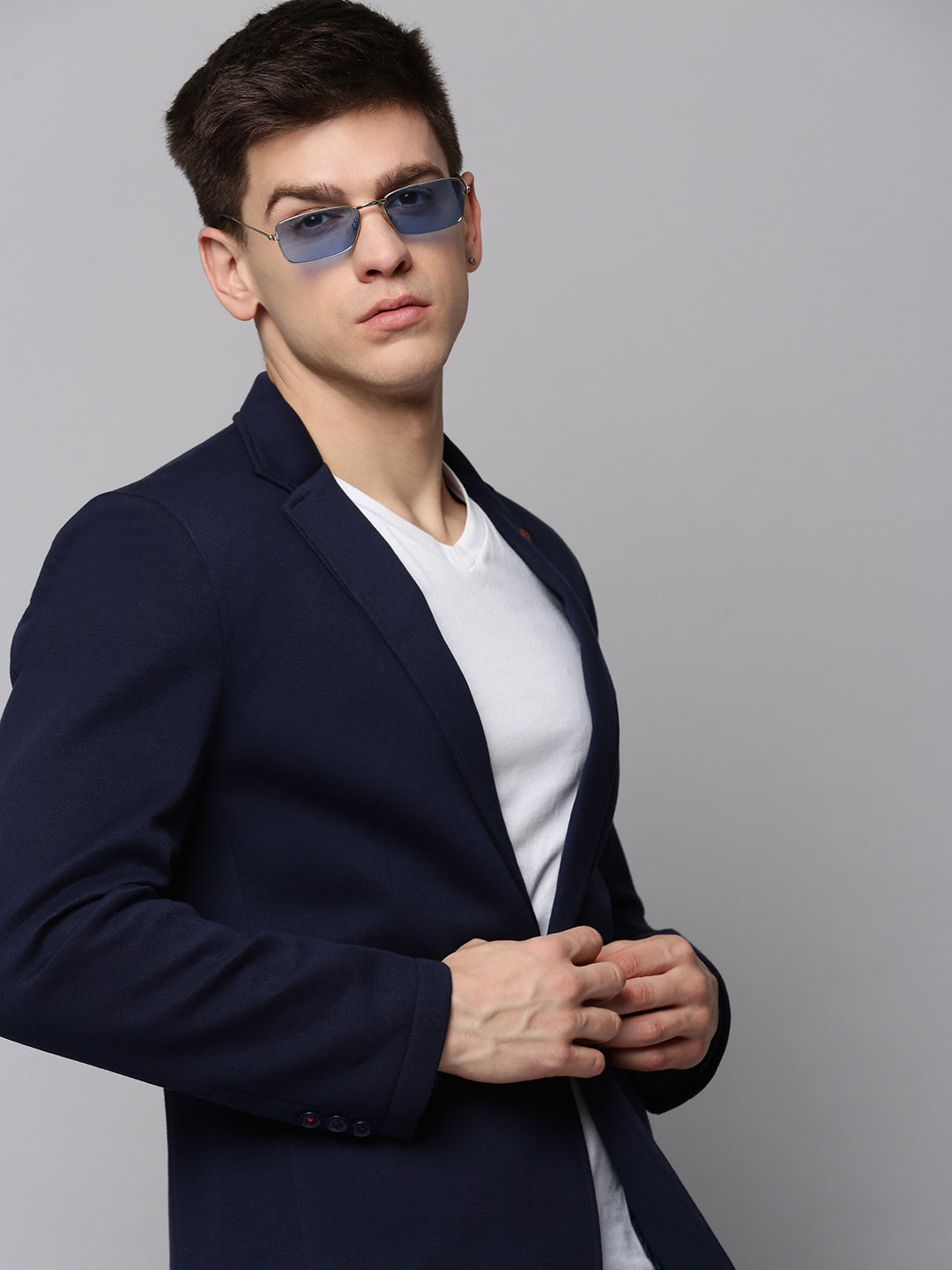 Men's Navy Blue Dobby Notched Lapel Open-Front Blazer