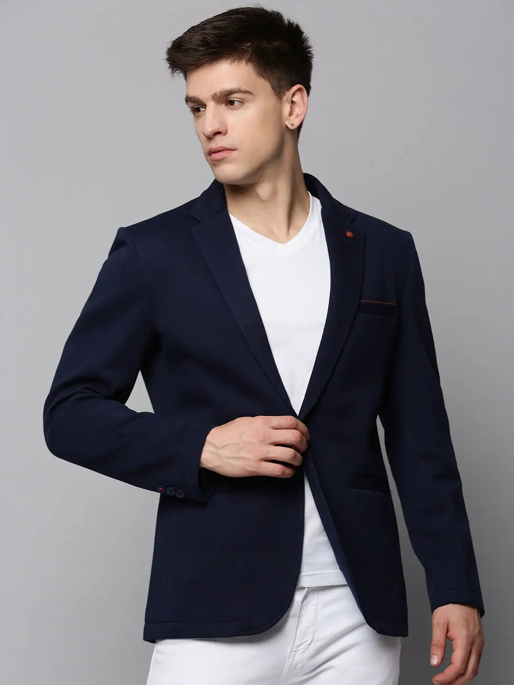 Men's Navy Blue Dobby Notched Lapel Open-Front Blazer
